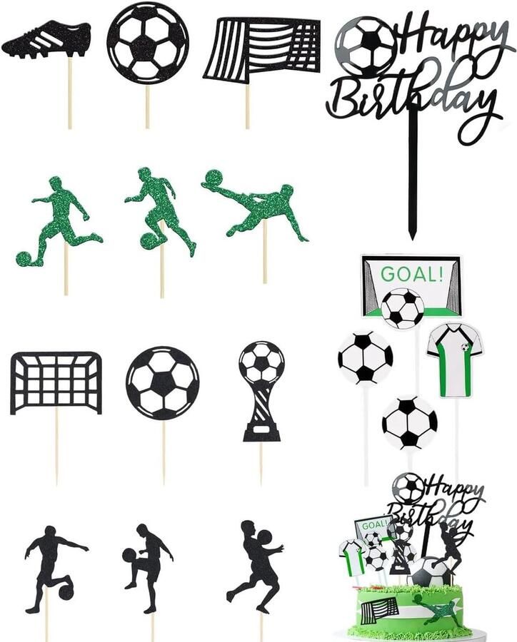 Taartdecoratie 18 stuks taarttoppers voetbal voor verjaardag kinderen jongen thema voetbal verjaardagstaart figuren C