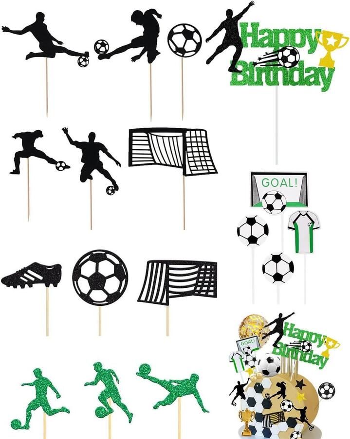 Taartdecoratie 18 stuks taarttoppers voetbal voor verjaardag kinderen jongen thema voetbal verjaardagstaart figuren M