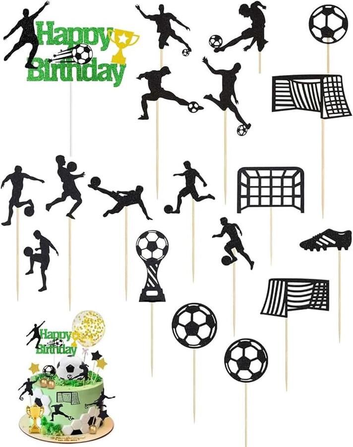 Taartdecoratie 19 stuks taarttoppers voetbal voor verjaardag kinderen jongen thema voetbal verjaardagstaart figuren F