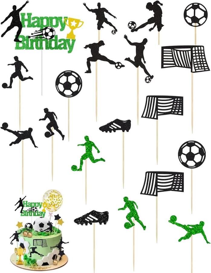 Taartdecoratie 19 stuks taarttoppers voetbal voor verjaardag kinderen jongen thema voetbal verjaardagstaart figuren H