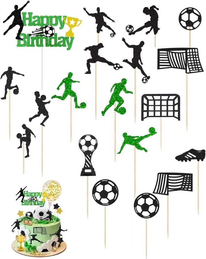 Taartdecoratie 19 stuks taarttoppers voetbal voor verjaardag kinderen jongen thema voetbal verjaardagstaart figuren G
