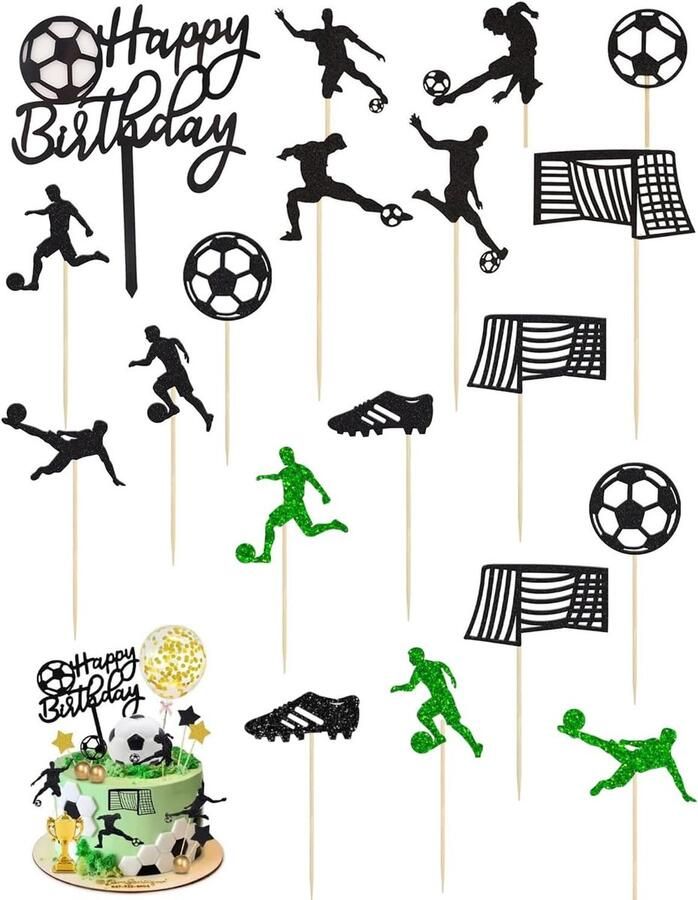 Taartdecoratie 19 stuks taarttoppers voetbal voor verjaardag kinderen jongen thema voetbal verjaardagstaart figuren B