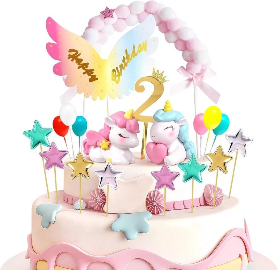 Taartdecoratie 2 Jaar 14 Stuk 2e Verjaardag Meisjes & Jongens Roze & Blauwe Eenhoorn Verjaardagsvleugels Kleurige Ballen & Pentagram Nummer 2 Taarttopper Verjaardagsdecoratie