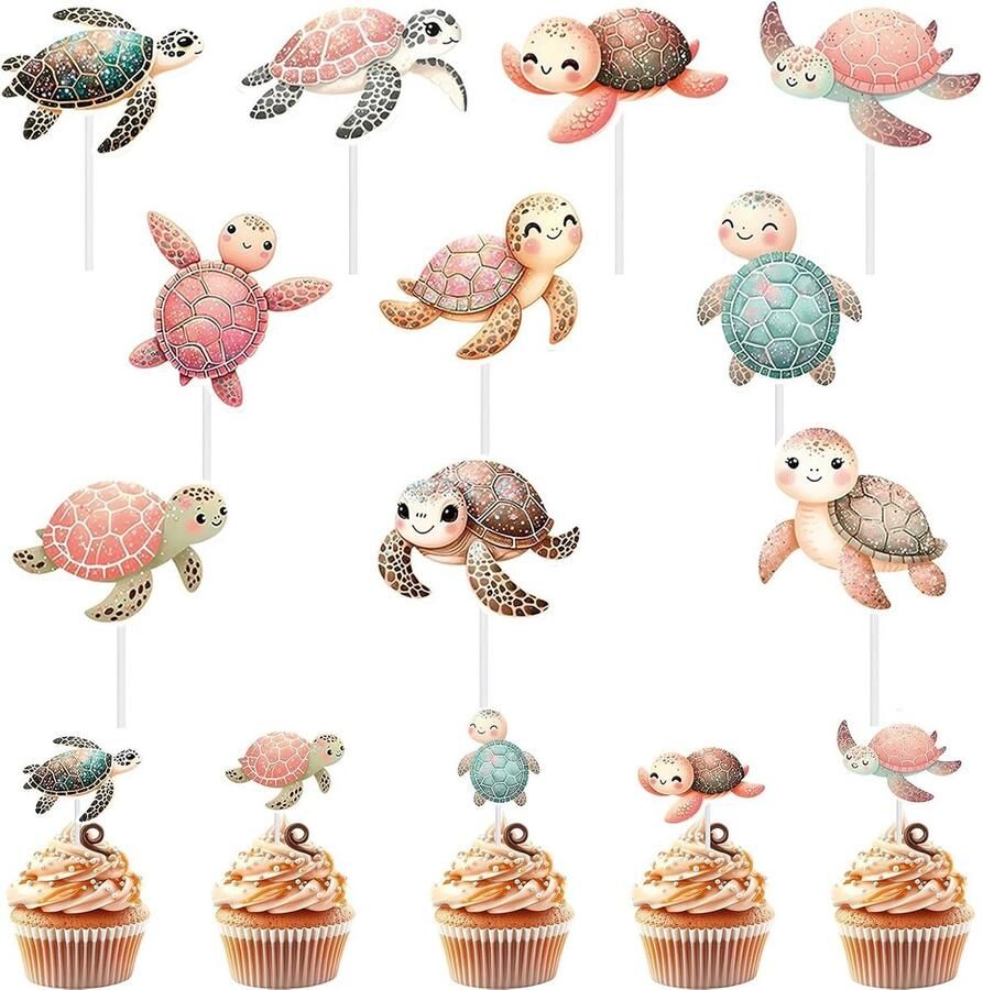 Taartdecoratie 20 stuks schildpad cupcake- schildpaddecoratie verjaardag taartoplegger schildpad voor zeedieren themafeest babyshower verjaardag
