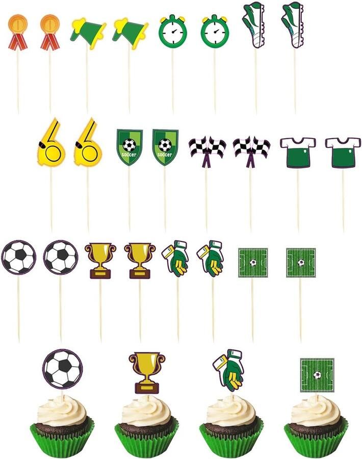 Taartdecoratie 24 stuks taarttoppers voetbal voor verjaardag kinderen jongen thema voetbal verjaardagstaart figuren