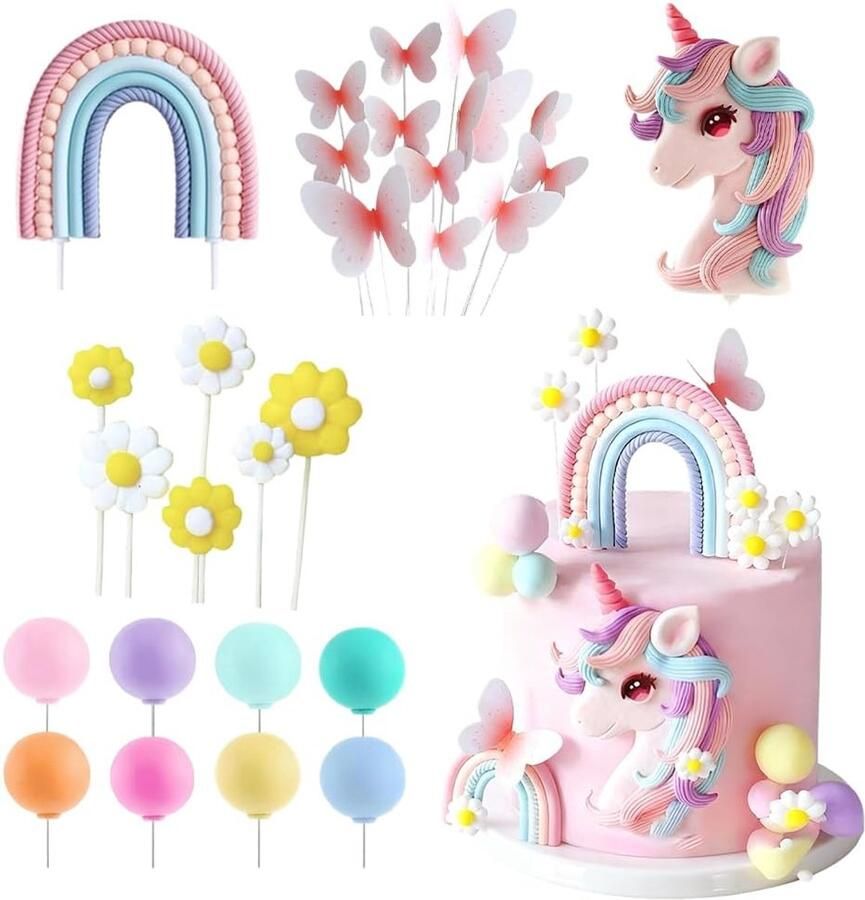 Taartdecoratie 28 Stuks 3D-Eenhoorndecoratie Eenhoorn Bloemen Taart Decoratie Met Parels Ballen Vlinders Taart Topper Voor Meisjes Kinderen Vrouwen