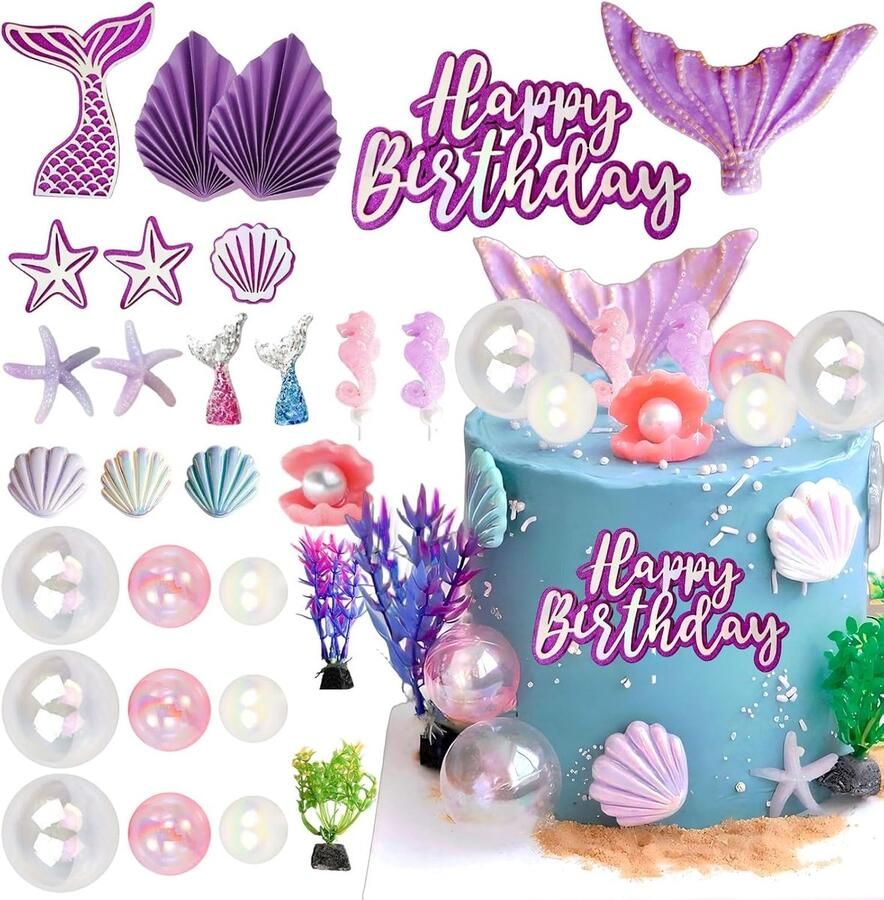 Taartdecoratie 29 Stuks – Taartdecoratie Zeemeermin Set voor Kinderverjaardagen Happy Birthday Cake Schelpen Zeepaardjes Zeemeerminnen Taartversiering Decoratie Meisjesfeest