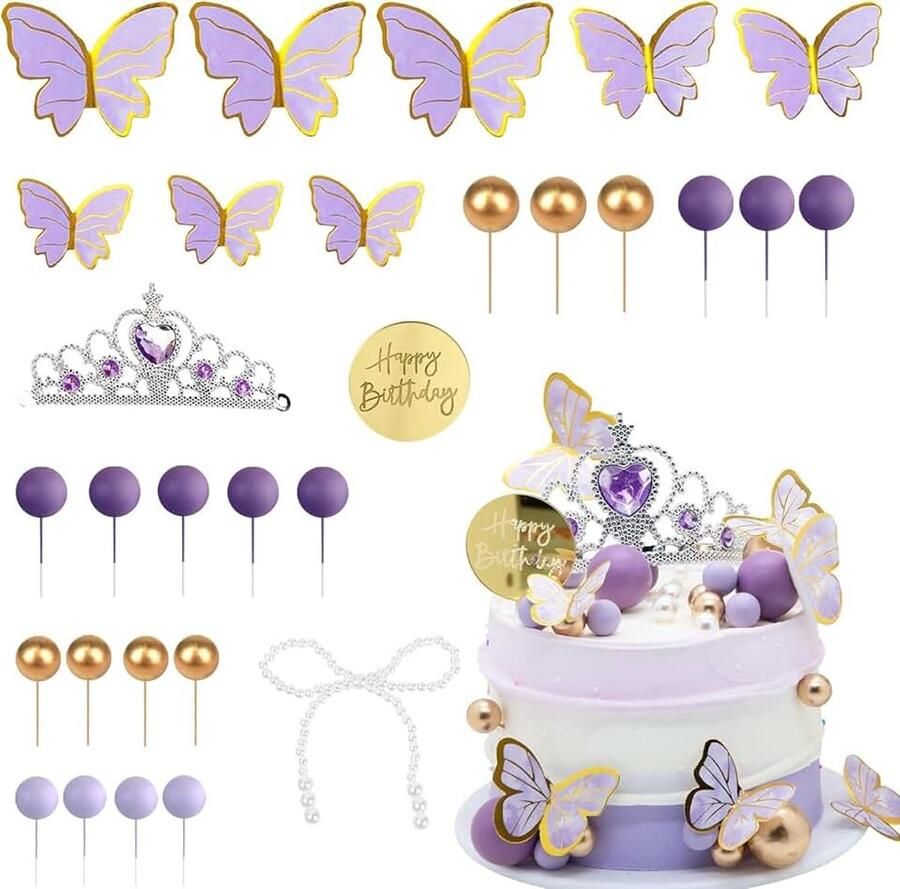 Taartdecoratie 49 stuks vlinders taartdecoratie lila taartdecoratie ballen kroon verjaardag taarttopper voor meisjes verjaardag bruiloft feest