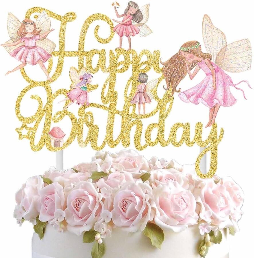 Taartdecoratie Glanzend Feeën Taarttopper Happy Birthday Taartdecoratie Voor Meisjes Kinderen Verjaardag Doop Feeënfeest Roze