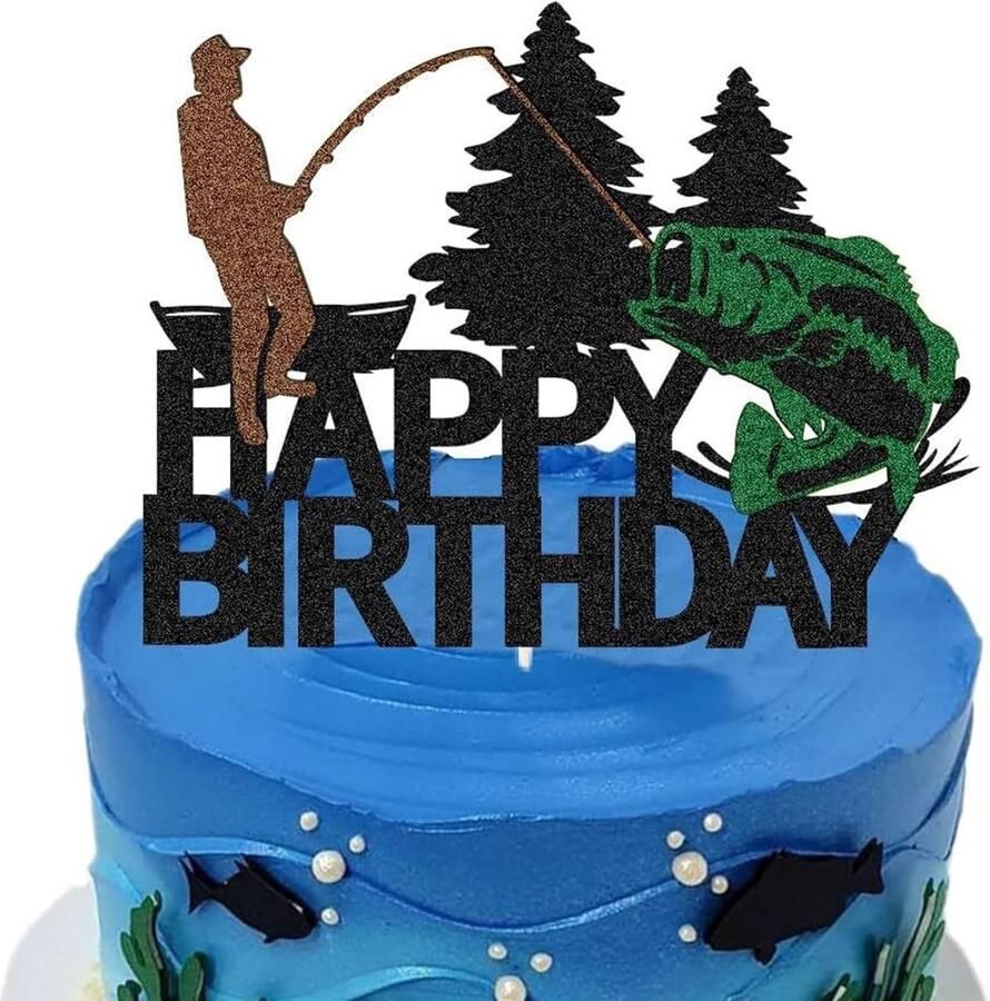 Taartdecoratie 'Happy Birthday' zwarte taarttopper voor vissers natuurliefhebbers en verjaardagsfeestjes met visfeestdecoratie herbruikbaar en milieuvriendelijk