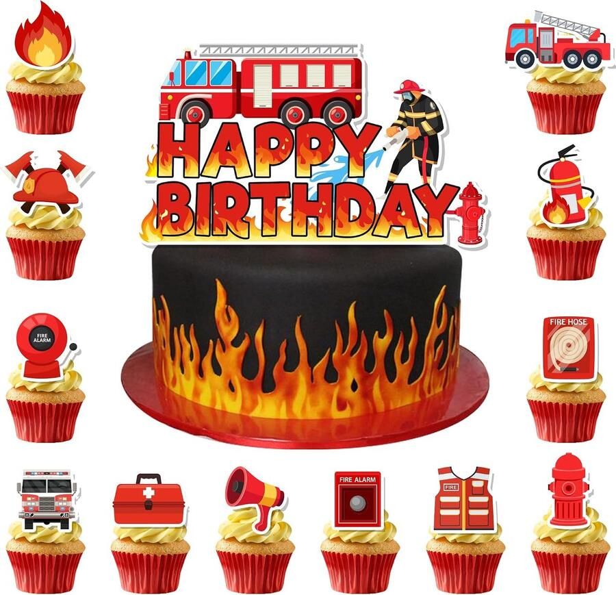 Taartdecoratie Verjaardag 25 stuks Brandweer Decoratieset Taartdecoratie Brandweer Brandweerwagen Cupcake Toppers voor Kinderen