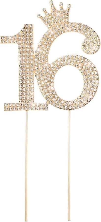 Taartdecoratie voor de 16e Verjaardag Glittersteentjes Goud Happy Birthday Taarttopper Verjaardag en Jubilea