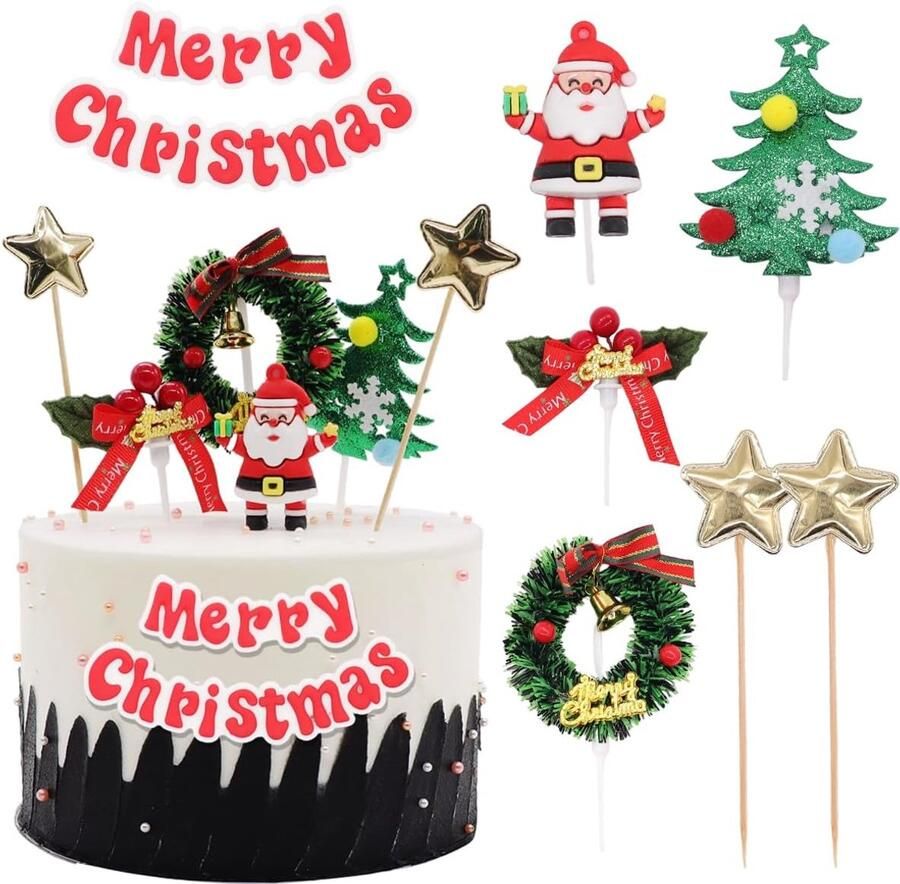 Taartdecoratie voor Kerstmis toppers taartdecoraties 3D-taartdecoratie vrolijk kerstfeest voor winter kinderen verjaardag Kerstmis themafeestaccessoires 7-delig