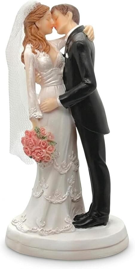 Taartfiguur bruiloft bruidspaar taartdecoratie bruidspaar voor taart cake-topper bruidstaart decoratiefiguur bruidspaar bruiloft (met bruidsboeket en kussend)
