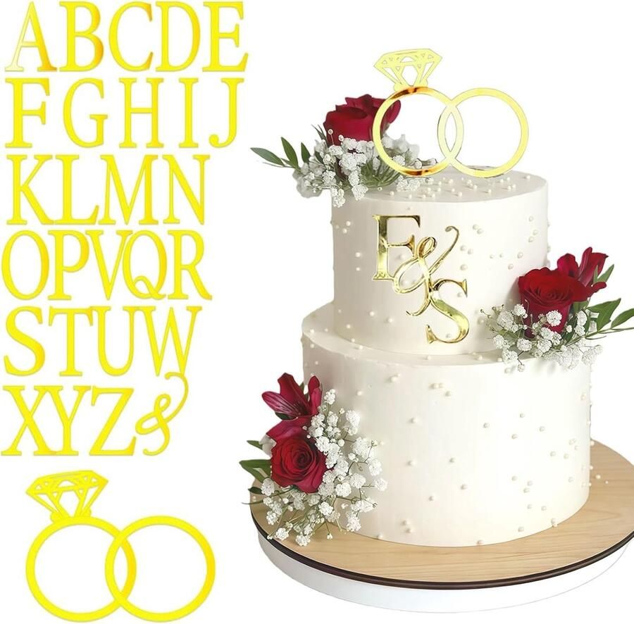 Taartfiguur diamanten ring taartfiguur met 26 letters Gepersonaliseerd bruidspaar initiaal bord voor bruiloft jubileum verloving voorstel feestje taart decoratie