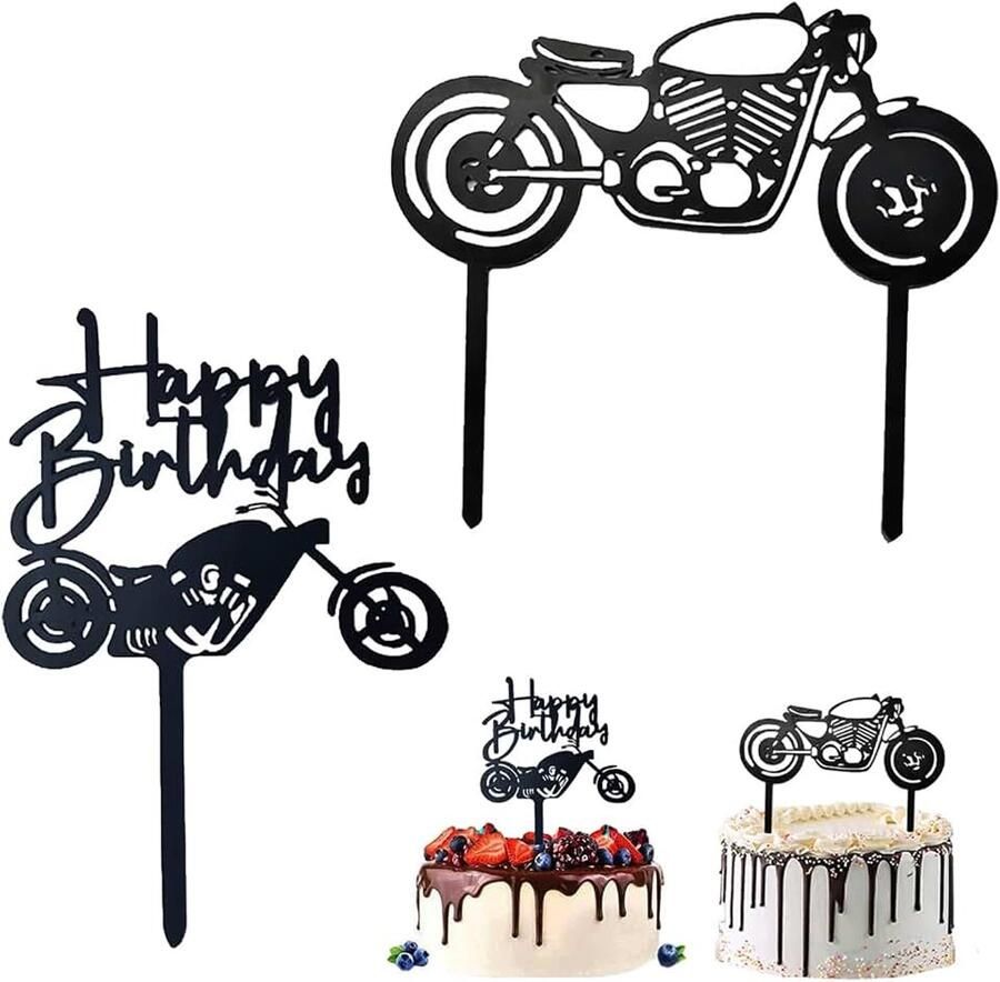 Taarttopper 2 stuks Happy Birthday-taarttopper motorfiets taarttopper acryl taartdecoraties voor verjaardagstaart decoraties in verjaardagsfeestje (motorfiets)