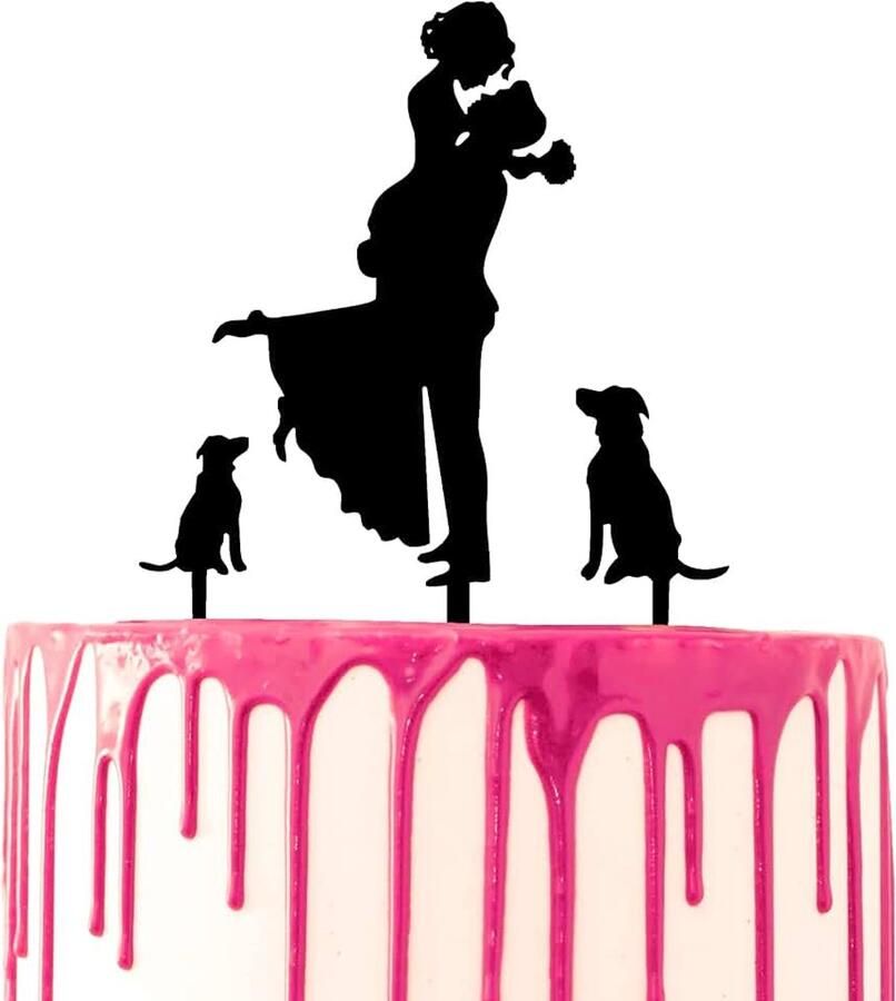 Taarttopper Bruidegom haalt bruid met twee honden aan de zijkanten acryl