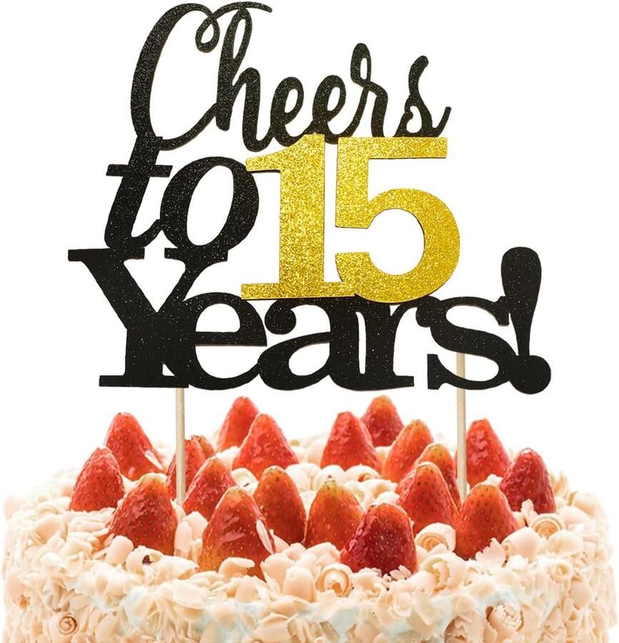Taarttopper voor 15e verjaardag Proost op 15 jaar taartdecoratie Feestartikelen voor een 15e verjaardag Taartdecoratie voor een trouwdag