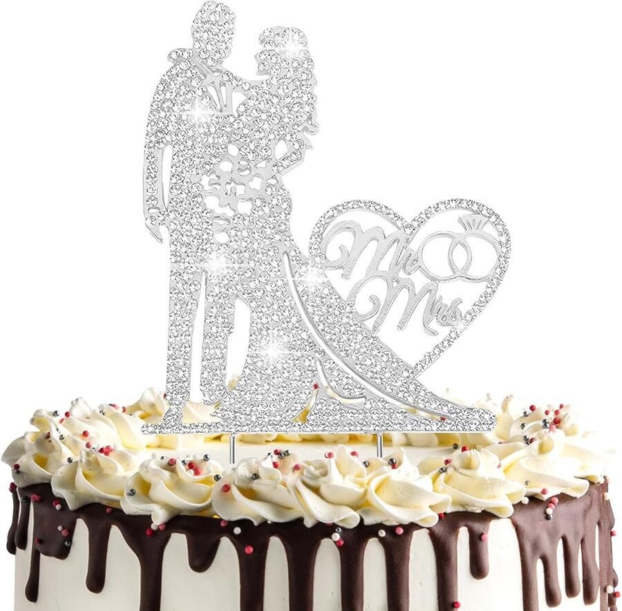 Taarttopper voor bruiloft met strass Mr & Mrs decoratie bruiloft taart bruidstaart decoratie taarttopper bruiloft gepersonaliseerd taartsteker bruiloft (zilver)