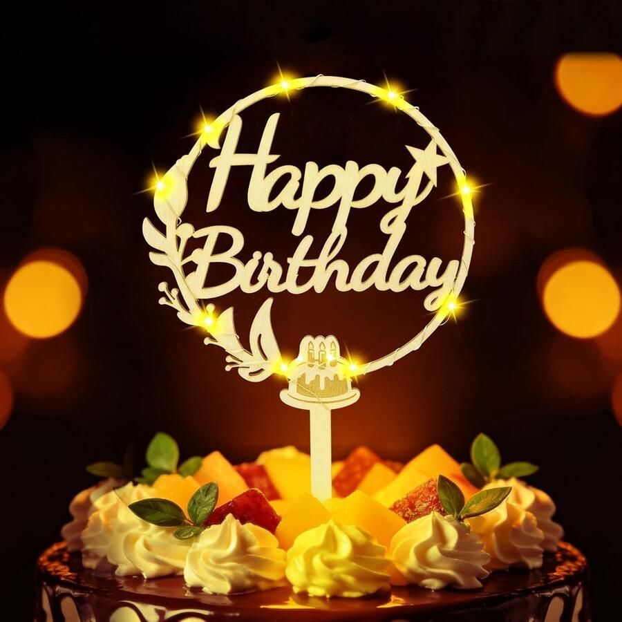Taarttopper voor Verjaardag Hout met LED-Lichtsnoer Verjaardagstaarttopper Verjaardagsdecoratie Goud en Zwart Verjaardagsfeest Decoratie-Accessoires Verjaardagstaart Decoratie