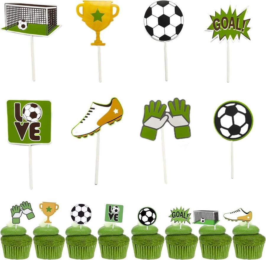 Taarttoppers voetbal 24 stuks taartdecoratie Happy Birthday taarttopper verjaardag voetbal taart voor verjaardagstaarten decoraties in feestdecoratie kinderen taartdecoratie