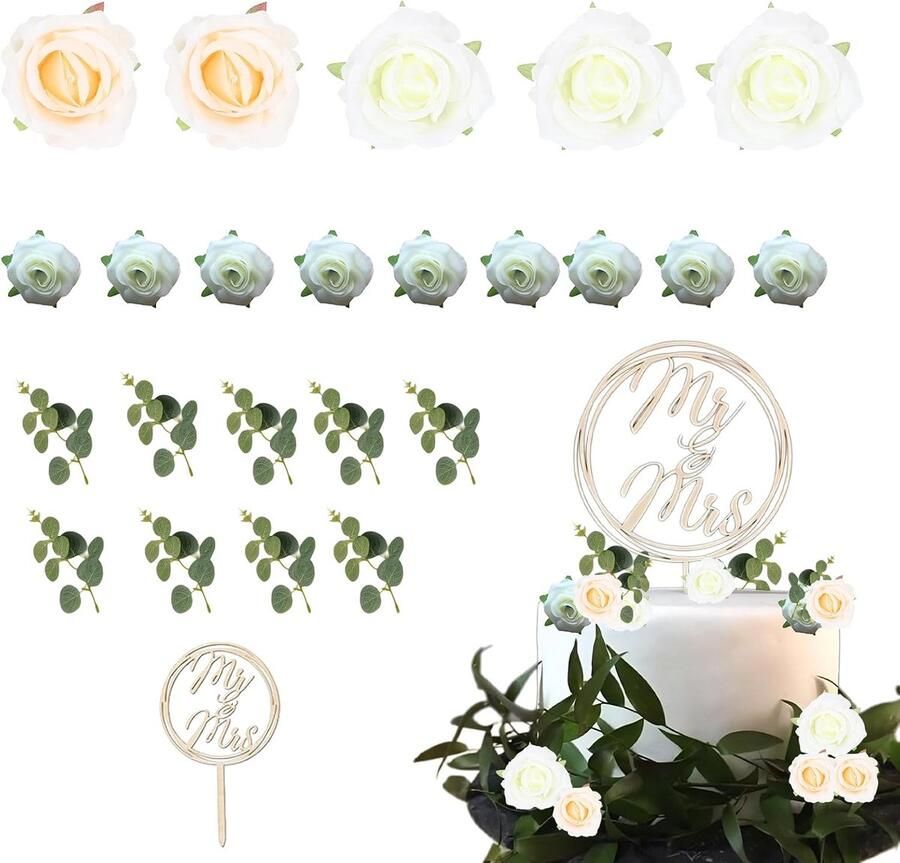 Taarttoppers voor bruiloft 24 stuks van hout taartdecoratie bruiloft Mr Mrs bruiloftstaart bloemen herbruikbare taarttoppers rozen geldplanten decoratie bruidstaart