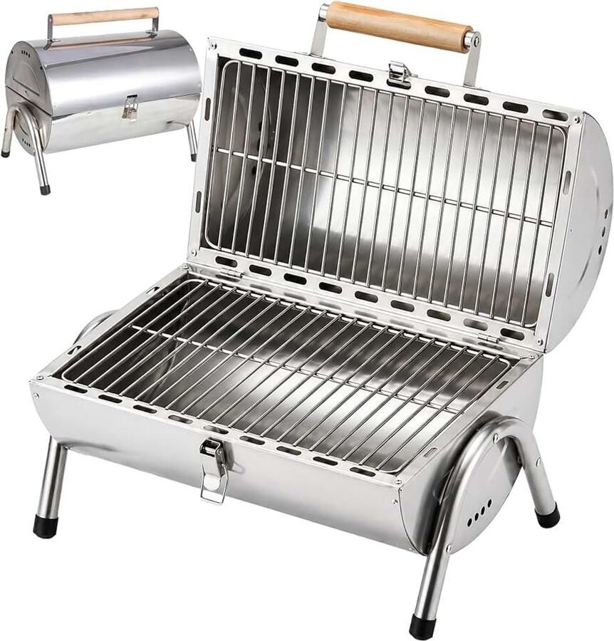 Tafelgrill 2 grillvlakken elk 34 x 21 5 cm outdoor zilver camping klapgrill & smoker houten handvat rvs