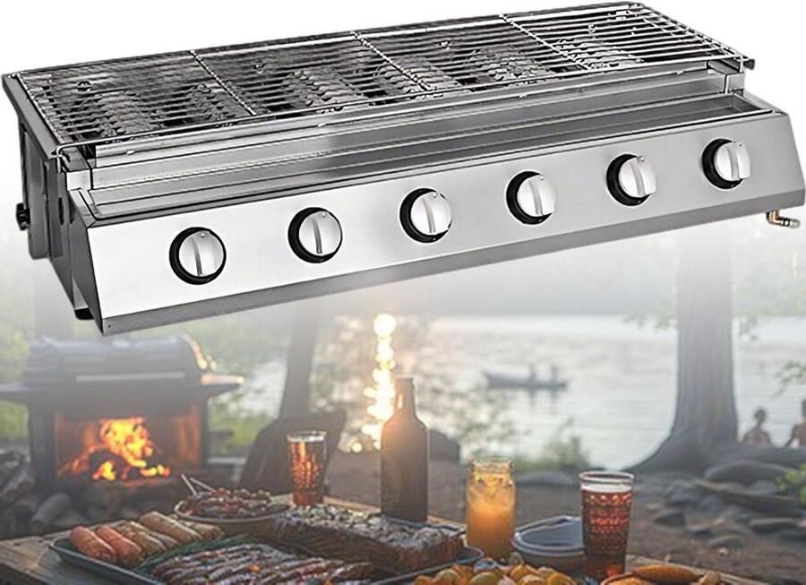 Tafelmodel Gasgrill Gasbarbecue Bakplaat Buiten Koken Individuele Zone Regeling 6 Brander Zilver