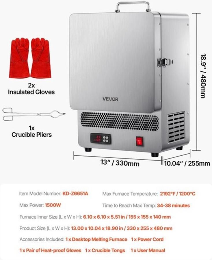 Tafeloven Elektrisch 1500 W Vermogen 1200 °C Max Temperatuur RVS Behuizing Voor Metaal En Keramiek Smeltoven