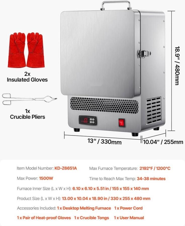 Tafelsmeltoven Elektrische Goudsmeltoven 1200°C Max. Temperatuur 1500 W RVS Behuizing Voor Goud & Zilver Wasgieten & Metaalharden Glazuur op Keramiek Zilver