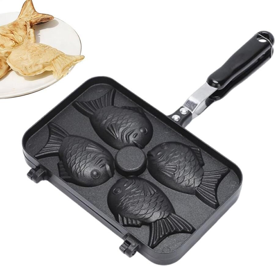 Taiyaki Bakvorm Visvorm Wafelijzer Desserts Maken Dubbelzijdig Aluminium 4 Holtes Zwart