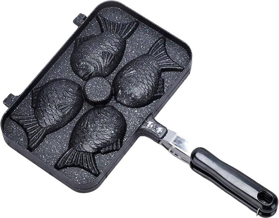 Taiyaki Maker Visvormige Bakvorm voor 4 Stuks Aluminiumlegering Wafelijzer Non-Stick Zwart 37.5x24x4 cm