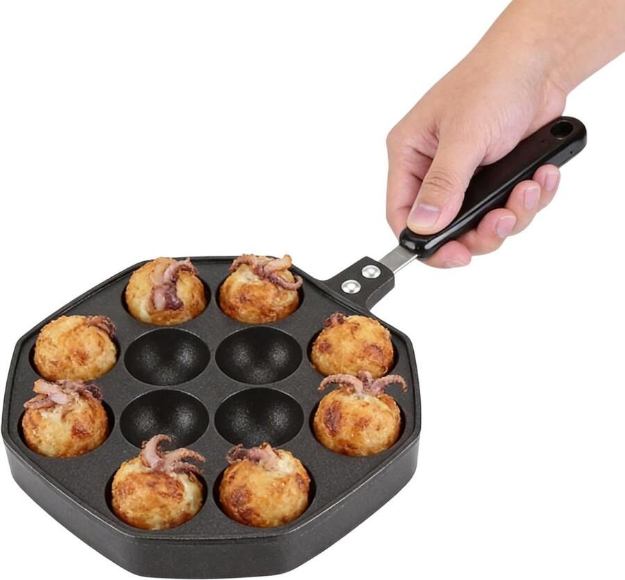 Takoyaki Pan 12 Gaten Octopus Ball Maker Aluminium Anti-Anbak Grillpan Dik Handvat Zwart 34x18.5x4 cm