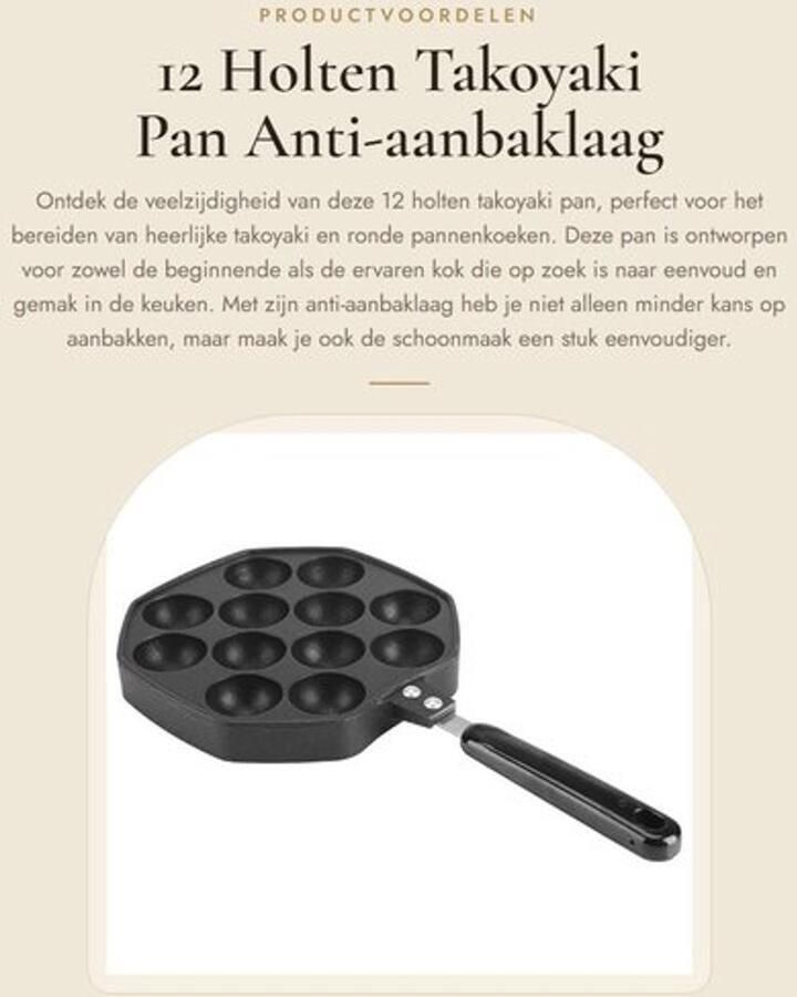 Takoyaki Pan 12 Holten Aluminium Antiaanbaklaag Warmtebestendige Handgreep Eenvoudige Reiniging Ruimtebesparende Opslag Pannenkoekenpan