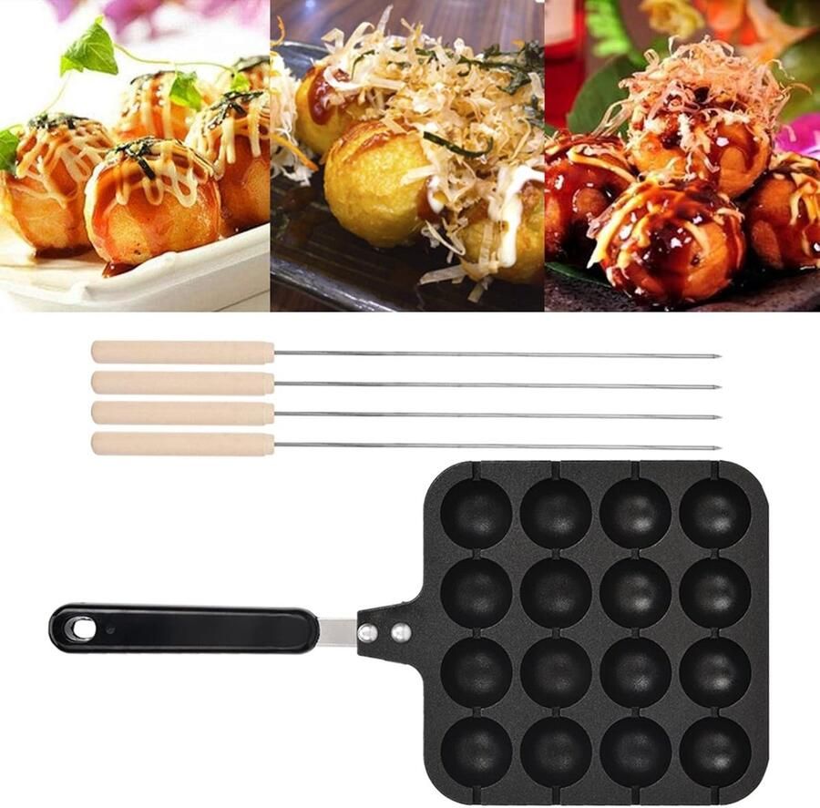 Takoyaki Pan met 16 Gaten Poffertjespan Non-stick voor Octopusballetjes + 4 Baknaalden