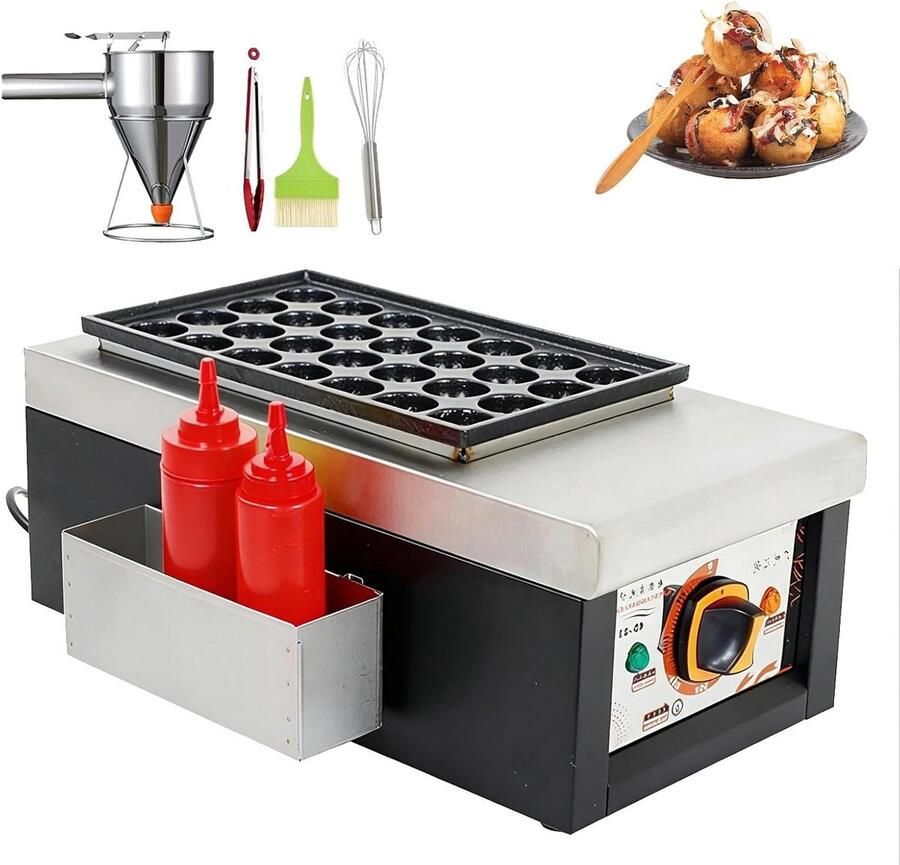 Takoyaki Pan Octopus Ball Machine Street Food Maken 28 Gaten 1650W Zilver