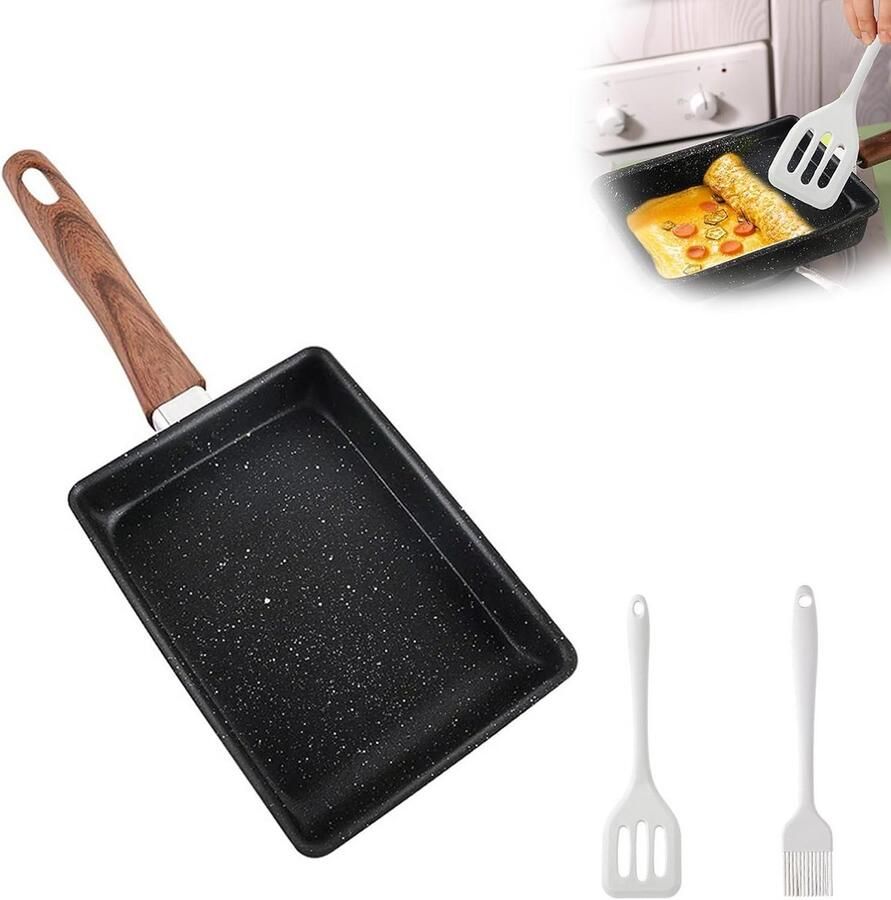 Tamagoyaki Pan Anti-Aanbak Laag 19 cm Verwijderbaar Handvat Inclusief Siliconen Spatel en Borstel voor Vis Biefstuk en Eieren