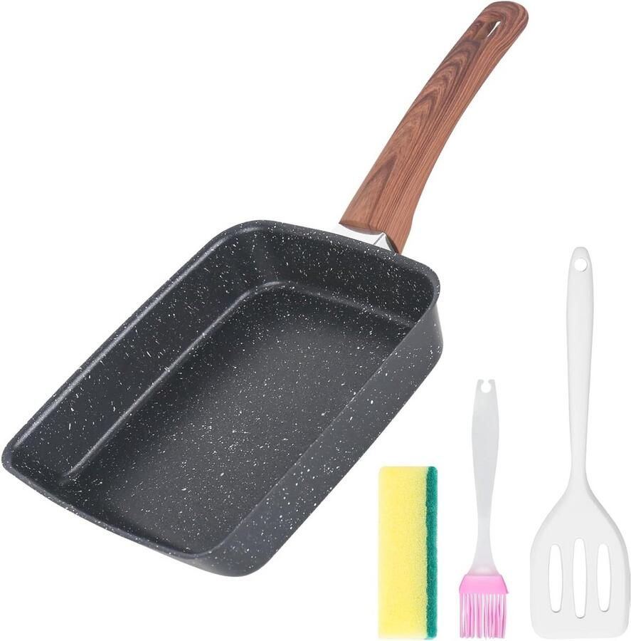 Tamagoyaki pan voor omeletten en pannenkoeken Japanse inductie eierpan met siliconen spatel en kwast 19 x 16 cm