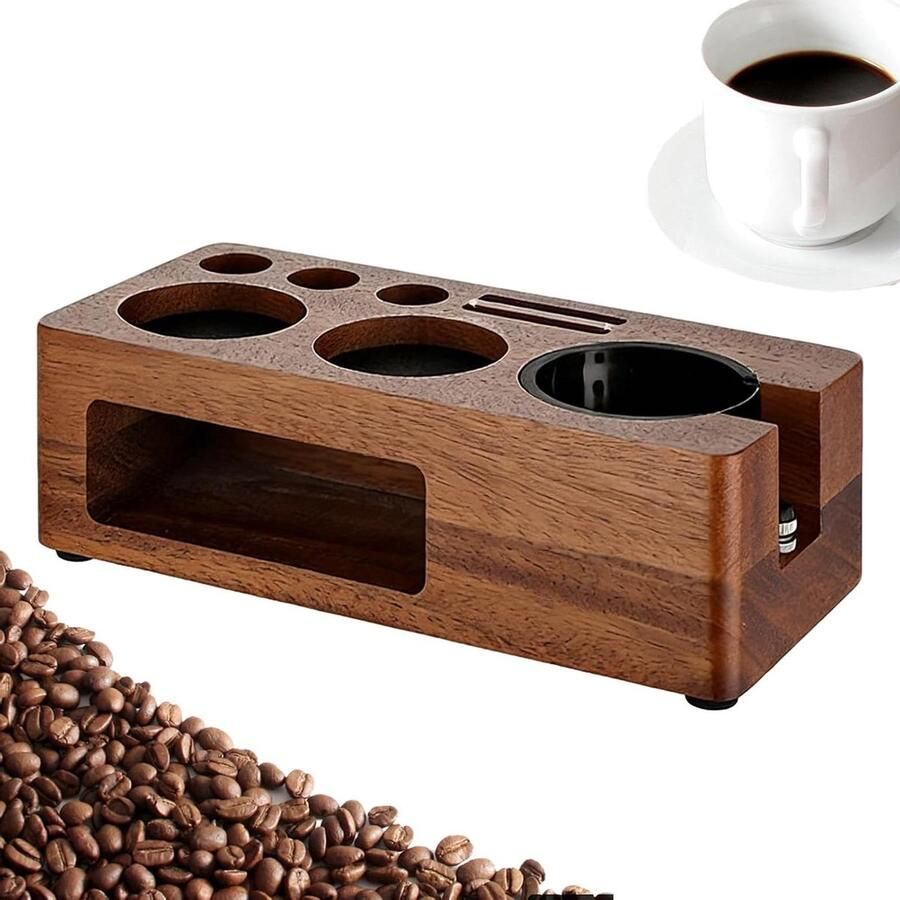 Tamper Station Espresso Organizer Koffie Bereiden Houten Structuur 26 x 13 x 9 cm Walnoot
