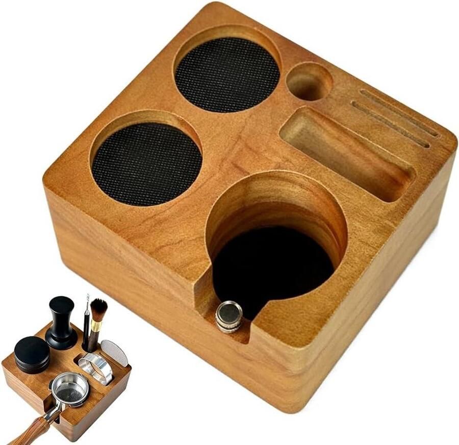 Tamperstation Walnoothout Koffie Tamping Station Espresso Bereiden In Hoogte Verstelbaar 58 mm Bruin