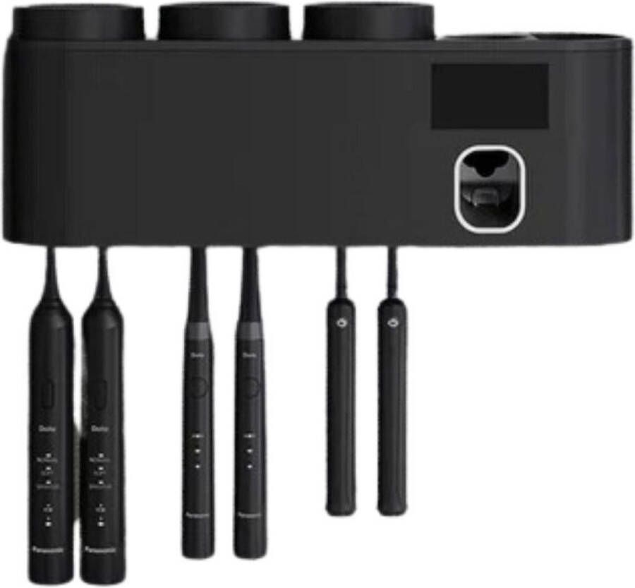 Tandenborstelsterilisator elektrische tandpastadispenser wandgemonteerde badkamertandenborstelhouder opladen via zonne-energie of USB 3 kopjes 6 tandenborstelhouders-UV Black