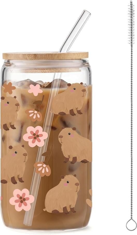 Tasse Capybara Glas Drinkbeker Met Deksel En Rietje Capybara & Bloemenpatroon Dierenthema Drinkglas Voor Koffie 470ML Drinkglazen Cartoon Glasbe