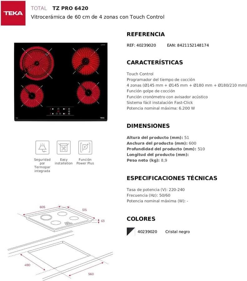 Teka TZ PRO 6420 Keramische kookplaat 60 cm 4 kookplaten touch-bediening kooktijdprogrammeur kookstootfunctie eenvoudig te installeren kleur glas zwart