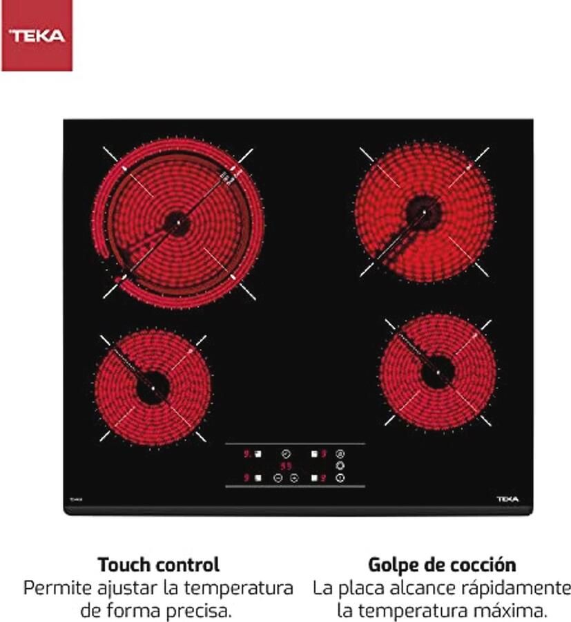 Teka TZ PRO 6420 Keramische kookplaat 60 cm 4 kookplaten touch-bediening kooktijdprogrammeur kookstootfunctie eenvoudig te installeren kleur glas zwart