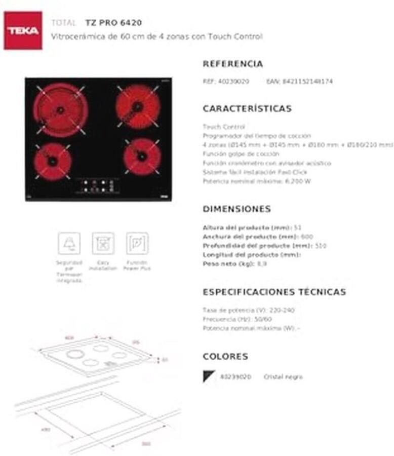 Teka TZ PRO 6420 Keramische kookplaat 60 cm 4 kookplaten touch-bediening kooktijdprogrammeur kookstootfunctie eenvoudig te installeren kleur glas zwart