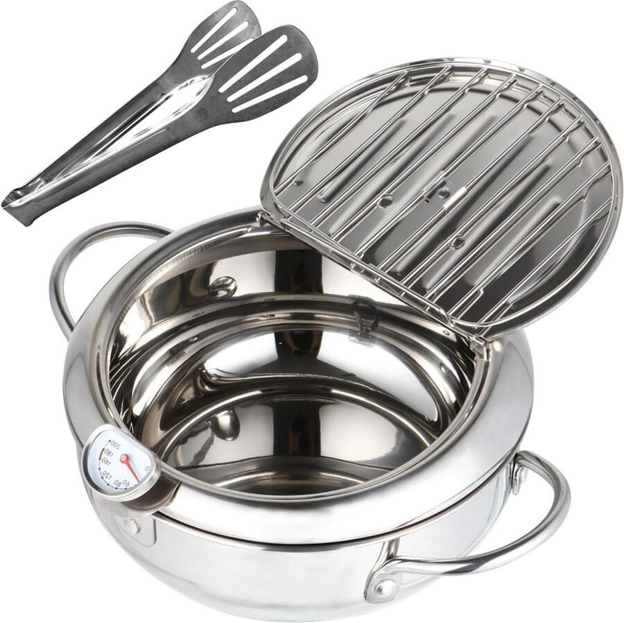 Tempura Friteuse Frituurpan Koekenpan Thuis Frituren Instelbare Temperatuur 21 cm Zilver