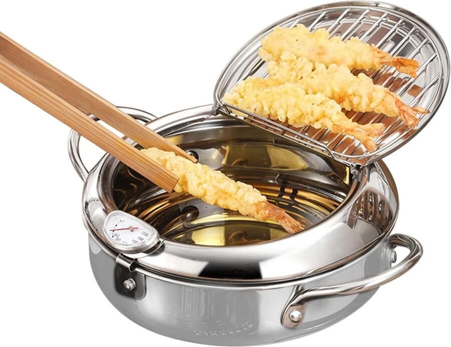 SnelShoppen Tempura Frituurpan 20 cm Japanse Frituurpan RVS met Antiaanbaklaag en Temperatuurcontrole Ideaal voor Kip Garnalen en Diepvriesgere