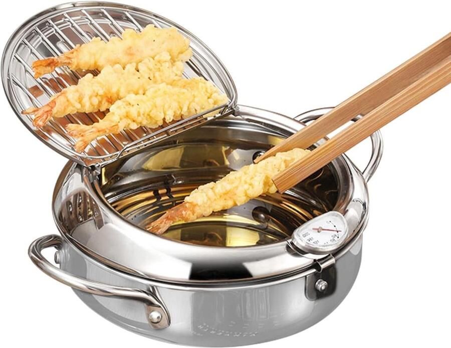 Tempura Friteuse Japanse Koekenpan Thuis Frituren Met Thermometer 20 cm Zilver