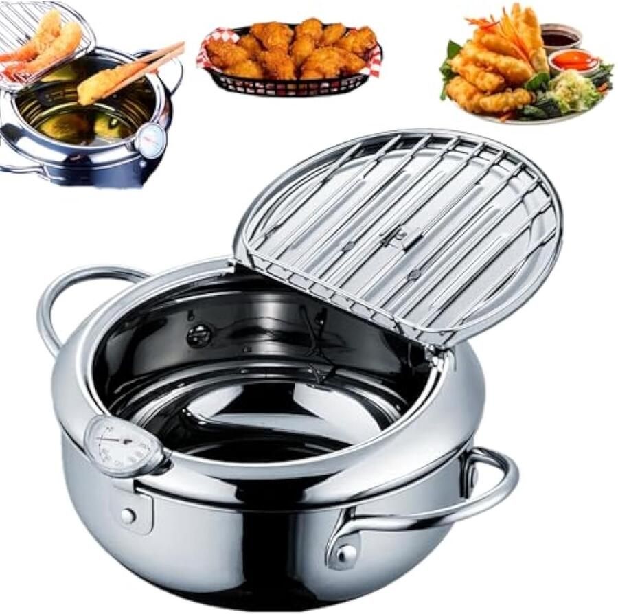 Tempura Frituurpan 4 2 L – Inductie Geschikt – Met Thermometer Deksel En Afdruiprek – RVS Mini Friteuse