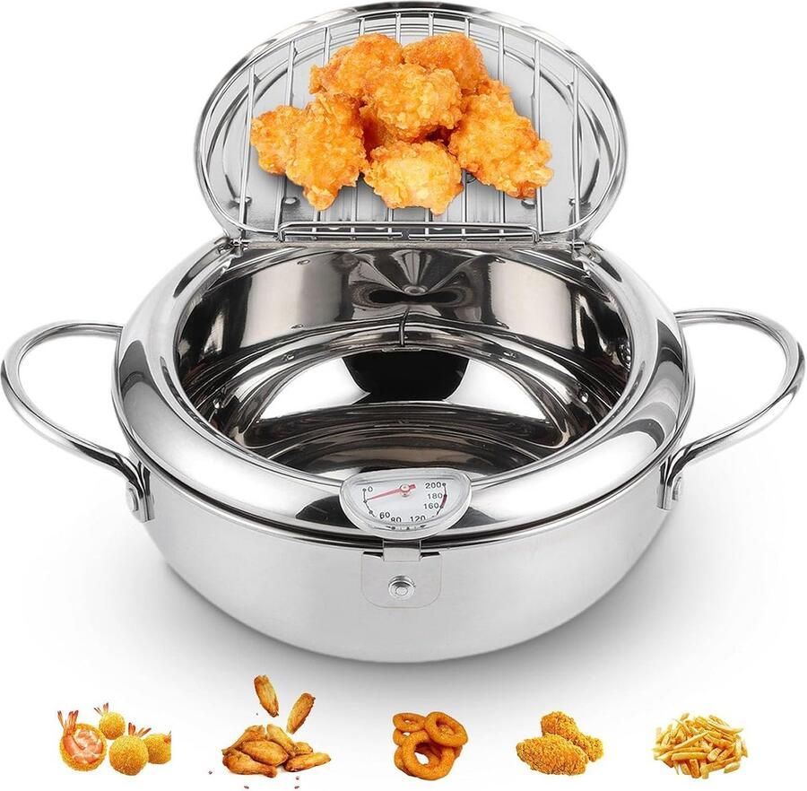 Tempura Frituurpan met Thermometer 24cm Roestvrij Staal Geschikt voor Inductie
